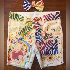 Custom JoJo Siwa White Shorts with Rainbow Paint Splatter and Zebra Accents 7/8